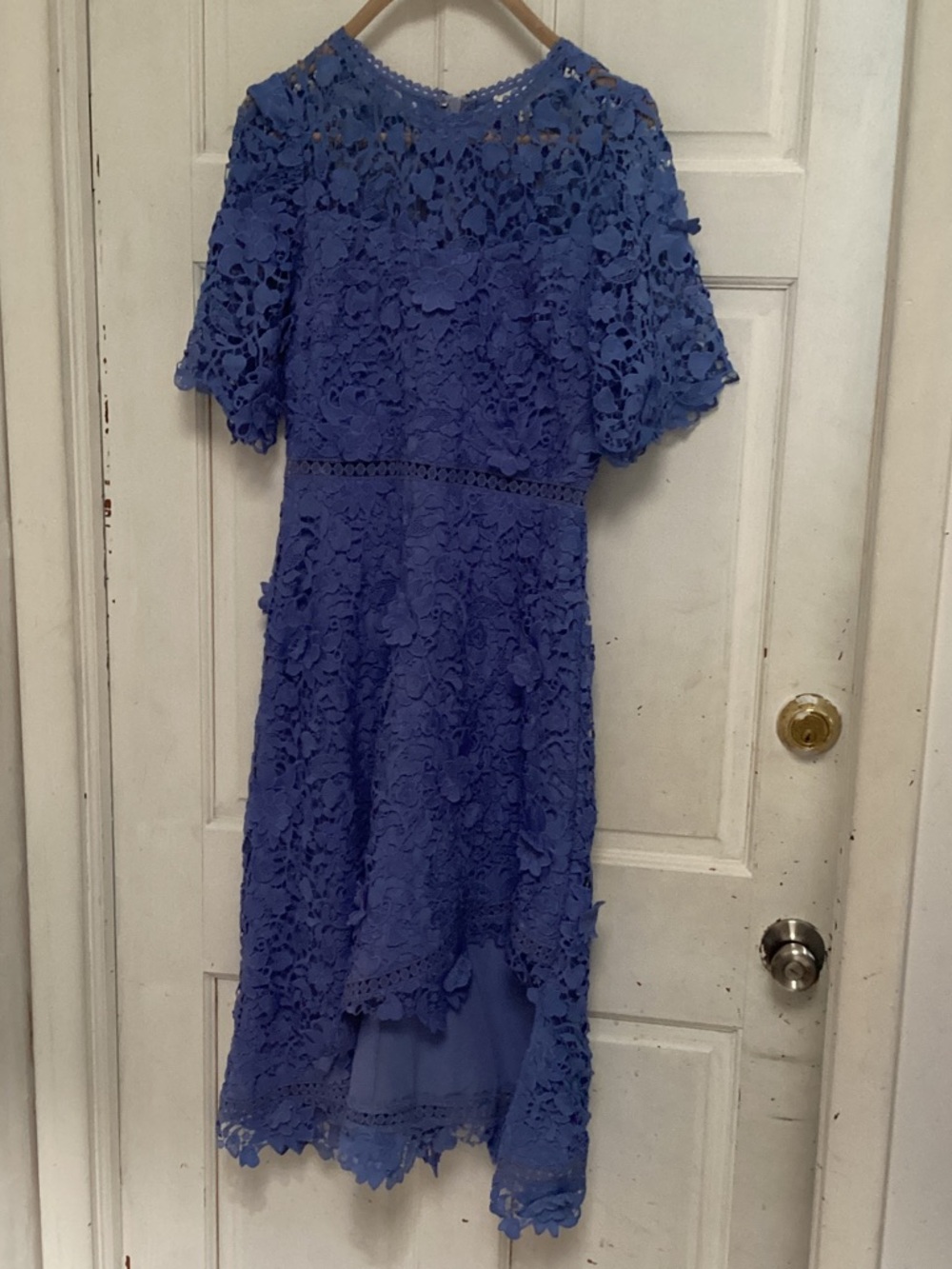 NWOT JUST ME Lavender Blue Crochet Lace Asymmetrical hem Dress size Small
